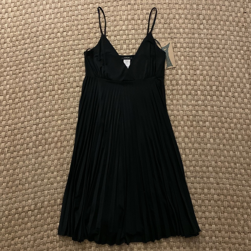 LBD spaghetti strap mini dress with pleated skirt